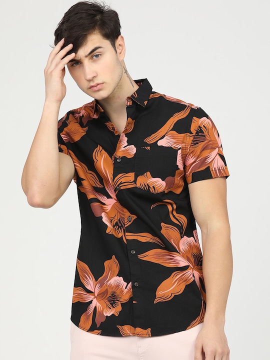 HIGHLANDER - Men Black Slim Fit Opaque Printed Casual Shirt