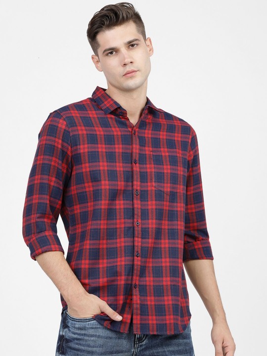 KETCH - Men Navy Blue & Red Slim Fit Tartan Checked Casual Shirt