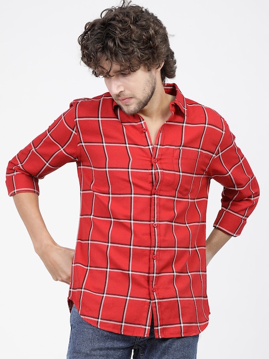 KETCH - Men Red Slim Fit Windowpane Checks Opaque Checked Casual Shirt