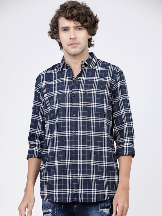 KETCH - Men Navy Blue Slim Fit Tartan Checked Casual Shirt