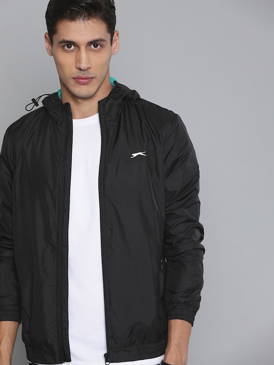 Slazenger - Men Black Reflective Strip Solid Hooded Running Jacket