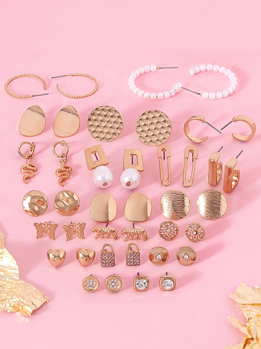 AMI - Set of 20 Gold-Toned Contemporary Stud Drop & Semi-Hoops Earrings