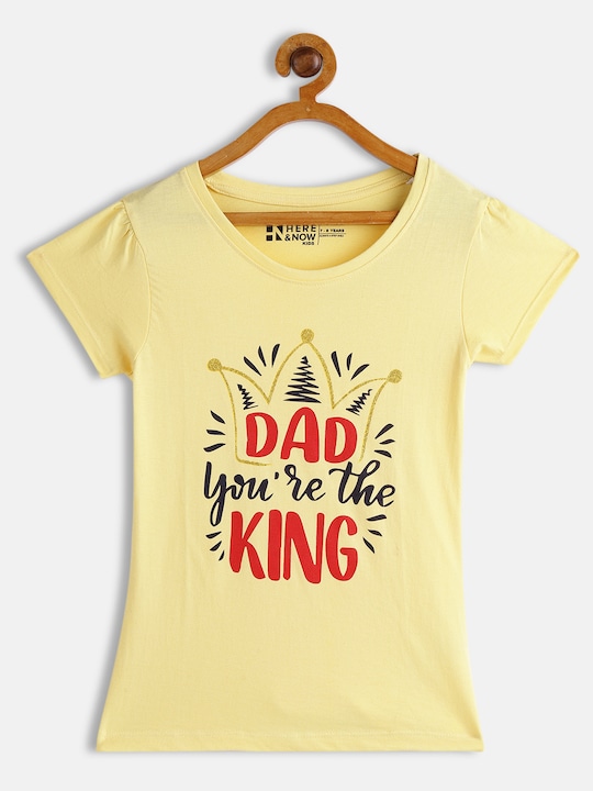 HERE&NOW - Girls Yellow Typography Printed Pure Cotton T-shirt