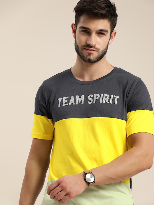 Moda Rapido - Men Yellow & Grey Colourblocked Casual T-shirt