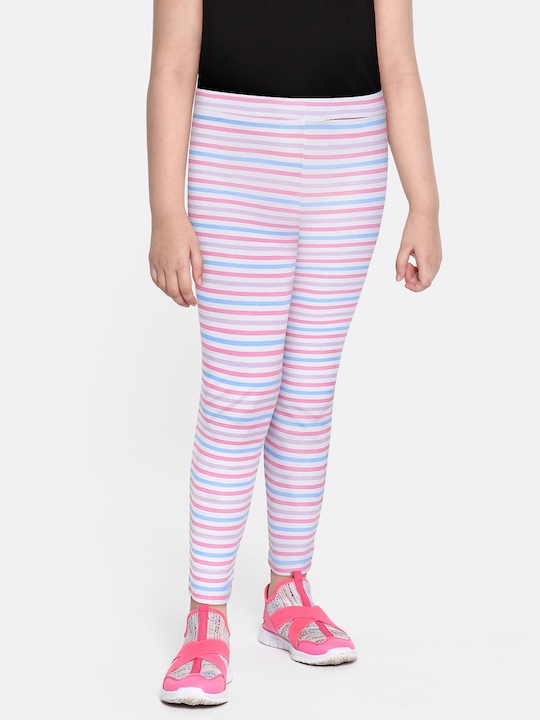 HERE&NOW - Girls White & Pink Striped Ankle-Length Leggings