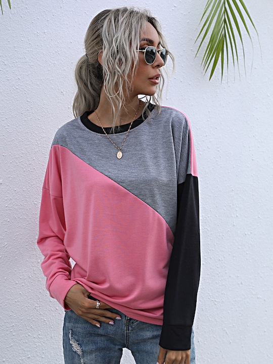 URBANIC - Women Pink & Grey Melange Colourblocked Relaxed Fit Longline Sweatshirt