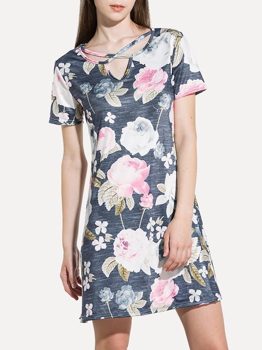 URBANIC - Navy Blue & Charcoal Grey Floral Criss-Cross & Cut-Out Detail Mini T-shirt Dress