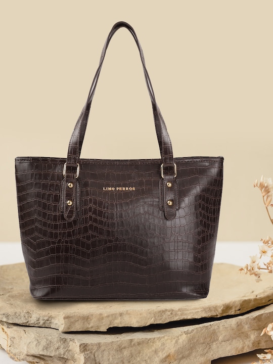 Lino Perros - Women Coffee Brown Croc-Textured Structured Shoulder Bag