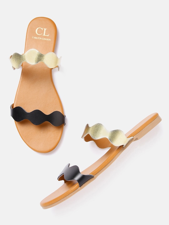 Carlton London - Women Black & Gold-Toned Colourblocked Open Toe Flats