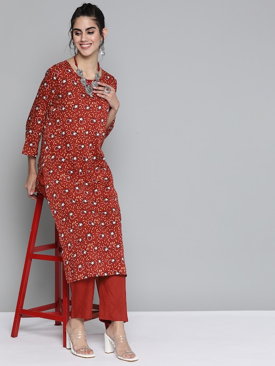 HERE&NOW - Women Rust Red & White Ethnic Motifs Printed Kurta with Trousers