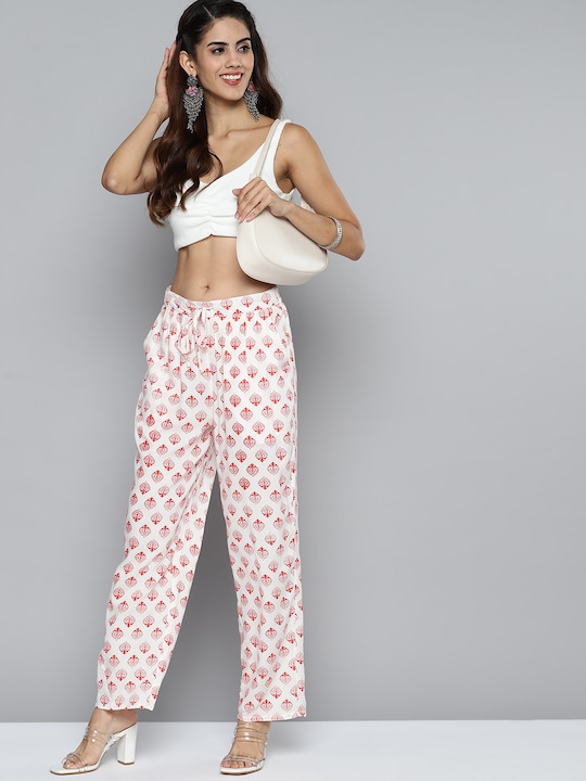 HERE&NOW - Women White & Red Ethnic Motifs Print Palazzos