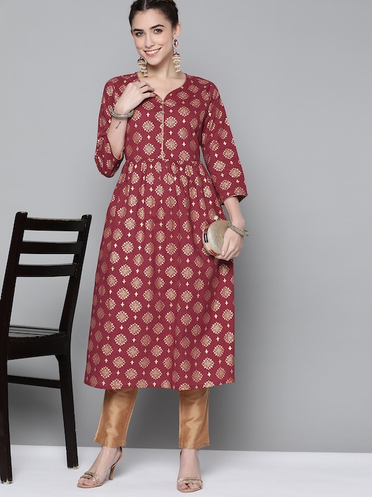 HERE&NOW - Women Maroon & Golden Pure Cotton Ethnic Motifs Printed A-Line Kurta