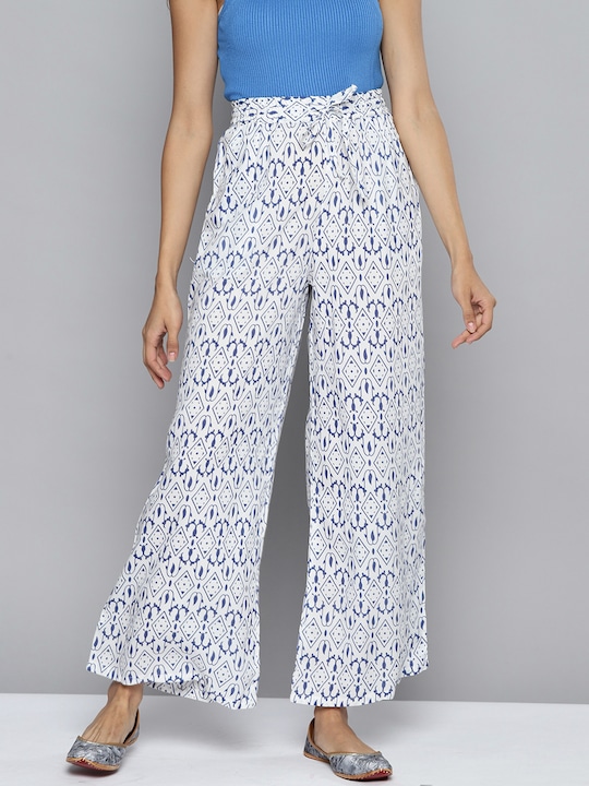 HERE&NOW - Women White & Blue Ethnic Motifs Print Palazzos
