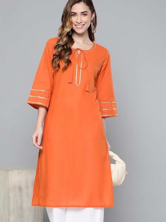 HERE&NOW - Women Orange Gotta Patti Yoke Design Pure Cotton Straight Kurta