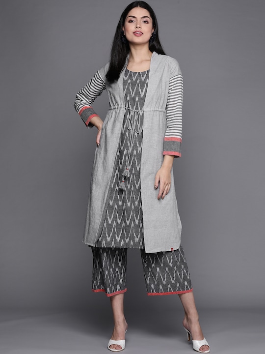 Biba - Women Grey Striped Layered Pure Cotton Kurta with Palazzos