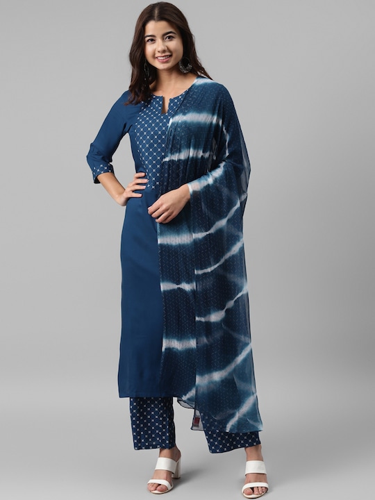 GERUA - Women Blue & White Printed Empire Kurta With Palazzos & Dupatta