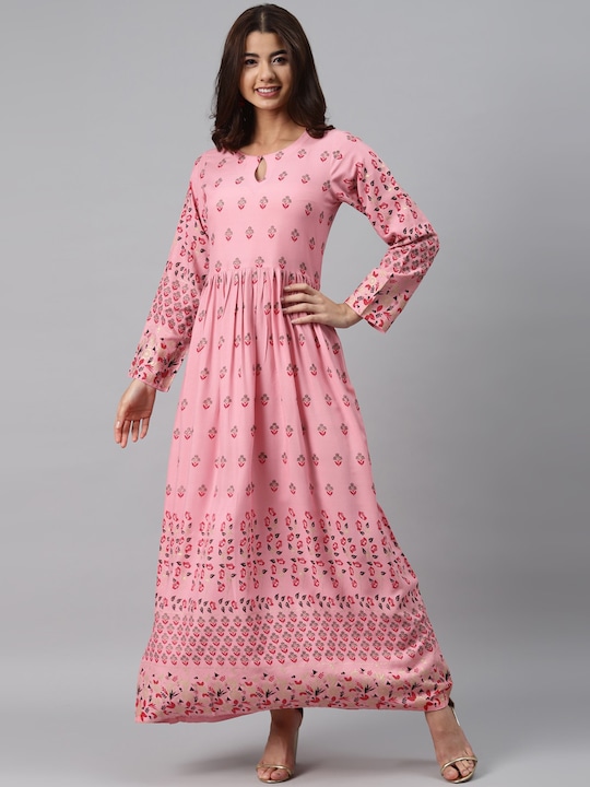 GERUA - Pink Ethnic Motifs Keyhole Neck Maxi Dress