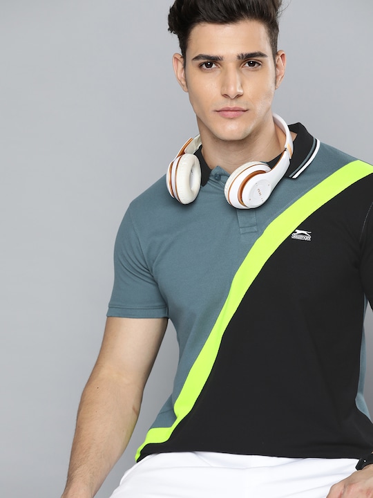 Slazenger - Men Grey and Black Colorblocked Polo Collar T-shirt