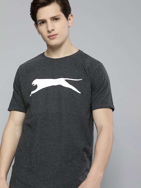 Slazenger - Men Charcoal Grey Brand Logo Printed Bio-Wash T-shirt
