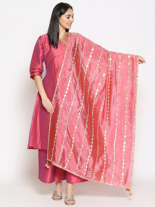 Dupatta Bazaar - Rose & Gold-Toned Ethnic Motifs Embroidered Dupatta with Gotta Patti