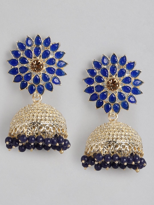 Anouk - Gold-Toned & Blue Stone Studded & Beaded Dome Shaped Jhumkas Earrings