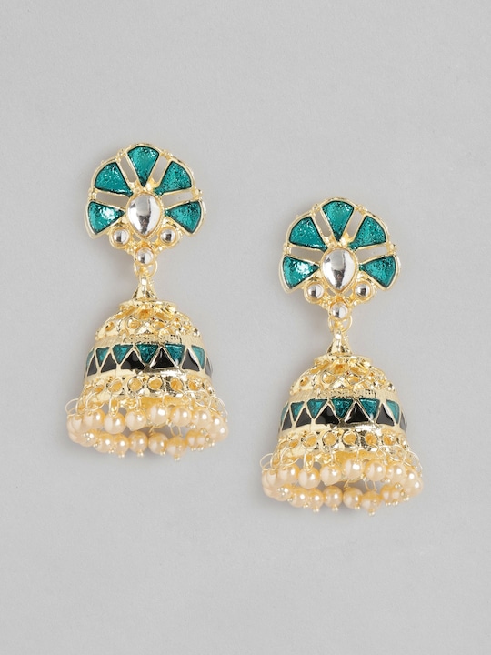 Anouk - Gold-Toned & Green Enameled Stone Studded & Beaded Dome Shaped Jhumkas