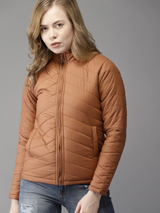 Campus Sutra - Women Brown raffia Striped Windcheater Longline Outdoor Puffer Jacket