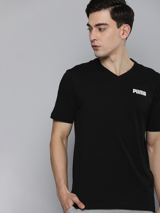 Puma - Men Black Solid Elevated Essential V-Neck Pure Cotton T-shirt
