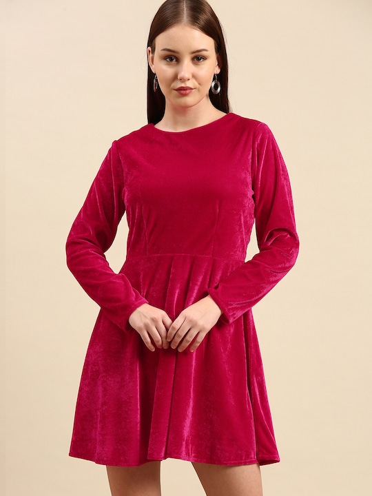 DODO & MOA - Fuchsia Solid Velvet Finish Mini Dress