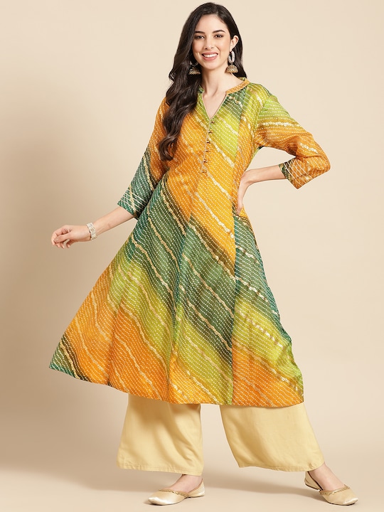 Varanga - Women Mustard Yellow & Green Bandhani Printed Anarkali Kurta
