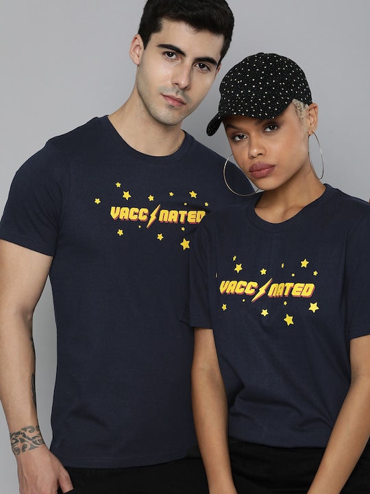 Kook N Keech - Unisex Navy Blue Typography Printed Pure Cotton Vaccination Drive T-shirt