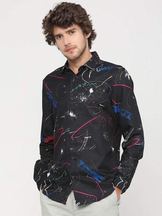 HIGHLANDER - Men Black & Blue Abstract Printed Slim Fit Casual Shirt