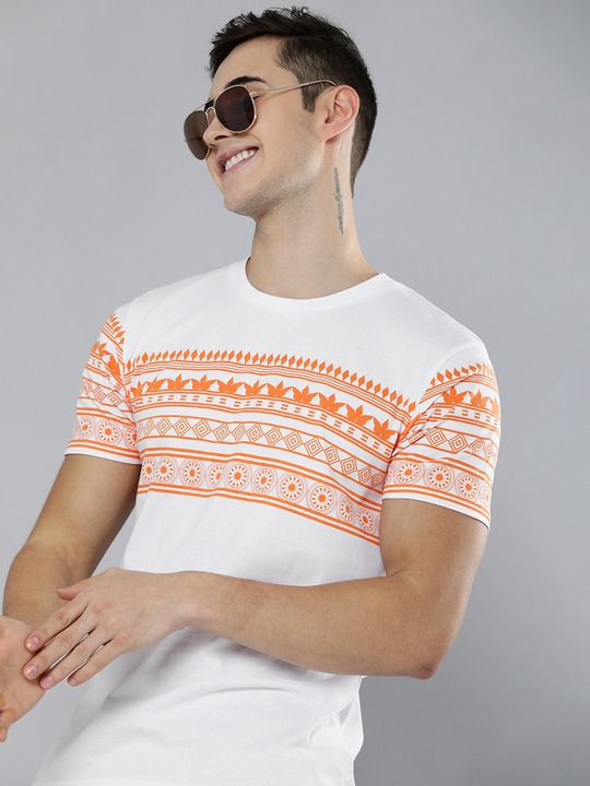 HERE&NOW - Men White & Coral Tribal Printed T-shirt