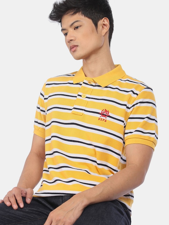 U.S. Polo Assn. - U S Polo Assn Men Mustard Yellow & White Striped Polo Collar Pure Cotton Slim Fit T-shirt