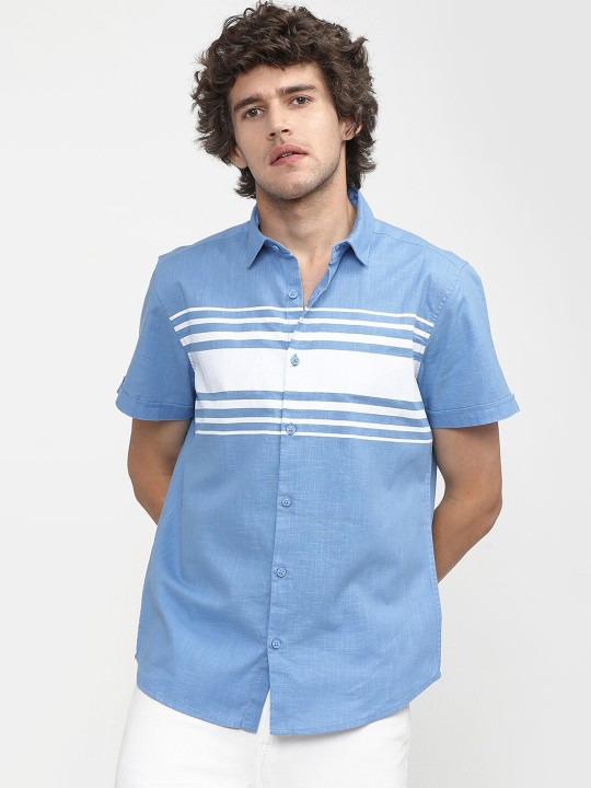 KETCH - Men Blue & White Slim Fit Horizontal Stripes Cotton Casual Shirt