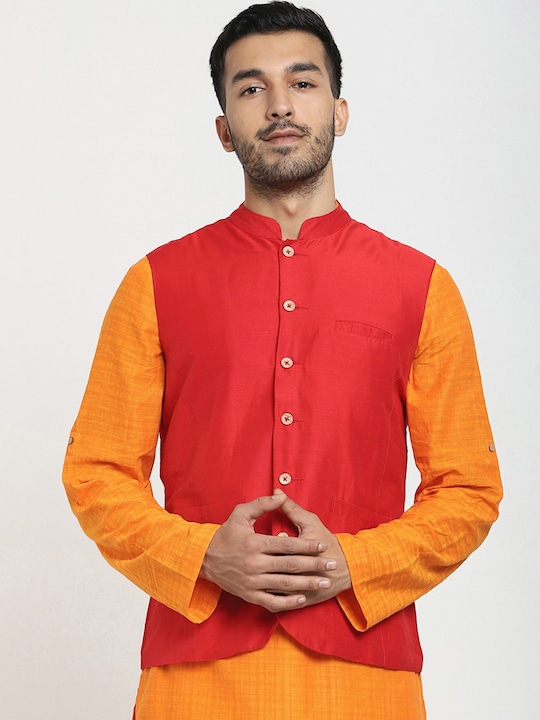 Bewakoof - Men Red Solid Woven Nehru Jacket