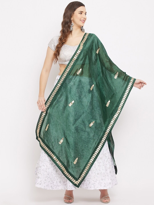 Clora Creation - Green Ethnic Motifs Embroidered Dupatta with Gotta Patti
