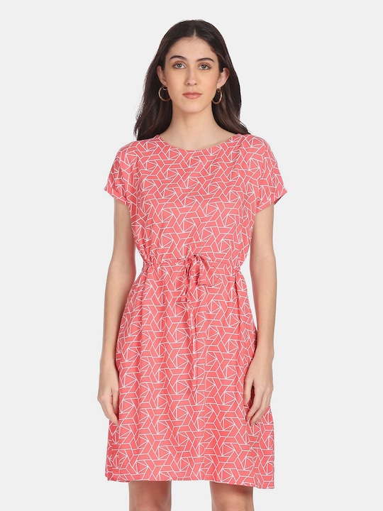 Flying Machine - Pink & White A-Line Dress