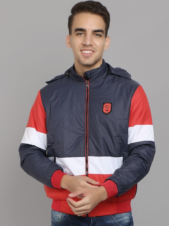 IMT - Men Navy Blue Red Colourblocked Lightweight Bomber with Patchwork Jacket