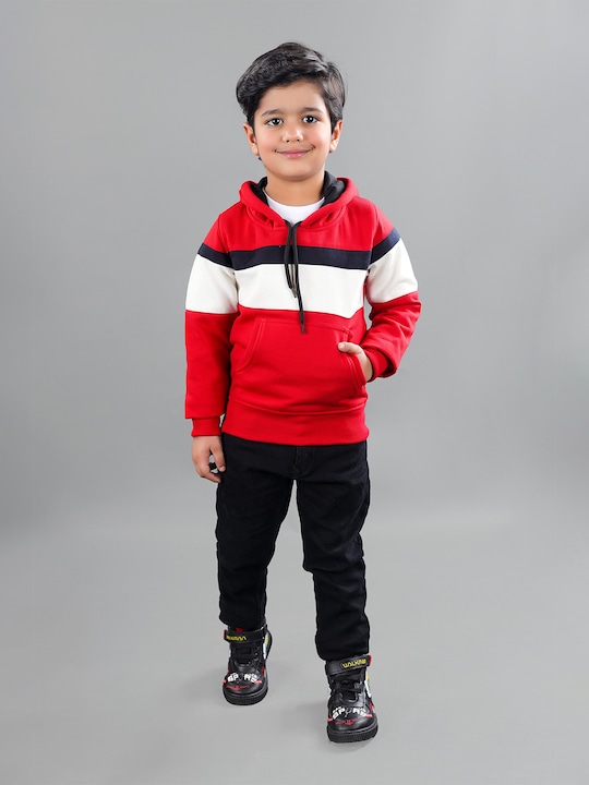 ahhaaaa - Boys Red Colourblocked Hooded Sweatshirt