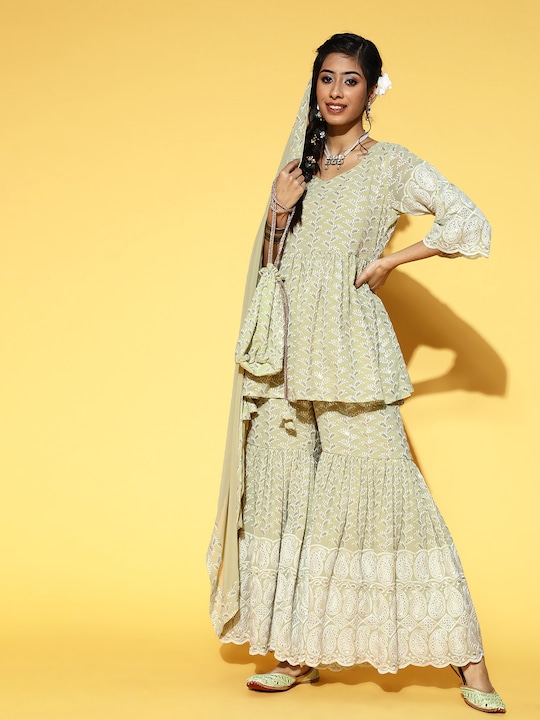 Libas - Ethnic Motifs Poly-Georgette Short Kurti & Sharara with Potli Bag