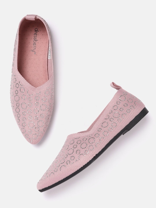 DressBerry - Women Peach-Coloured & Silver-Toned Embellished Ballerinas