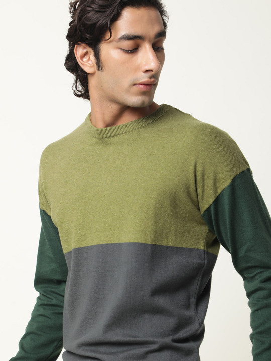 RARE RABBIT - Men Green Tanko Slim Fit Colourblocked Pullover Sweater