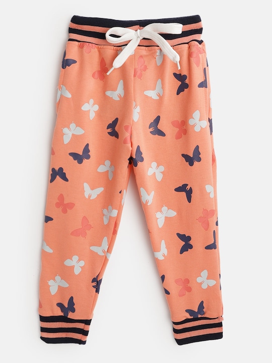 GAME BEGINS - Girls Orange & Navy Cotton Butterfly Print Joggers