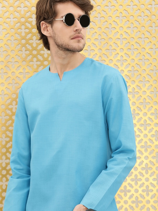 Ode by House of Pataudi - Men Blue Cotton Kurta
