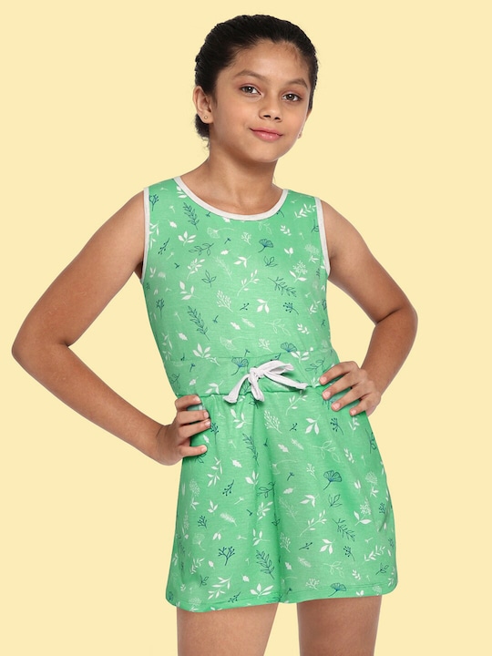 GAME BEGINS - Girls Green & White Floral Print Fit & Flare Dress