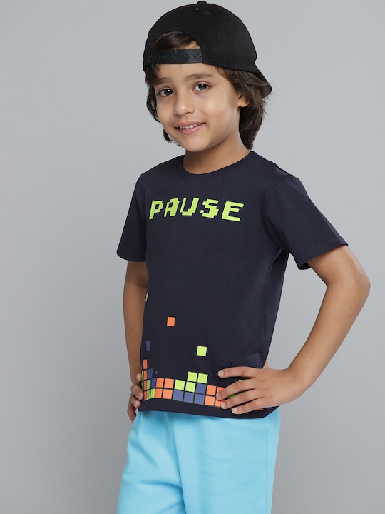 YK - Boys Navy Blue & Green Pure Cotton Typography Print T-shirt