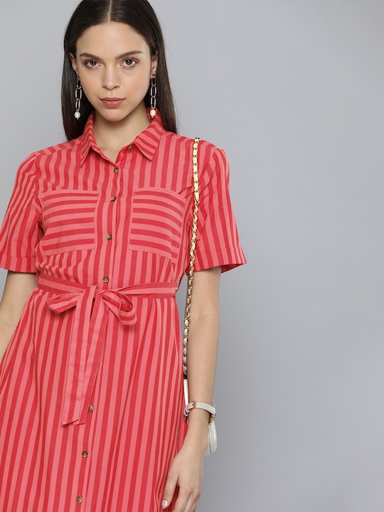 Chemistry - Pink & Red Striped Maxi Shirt Dress