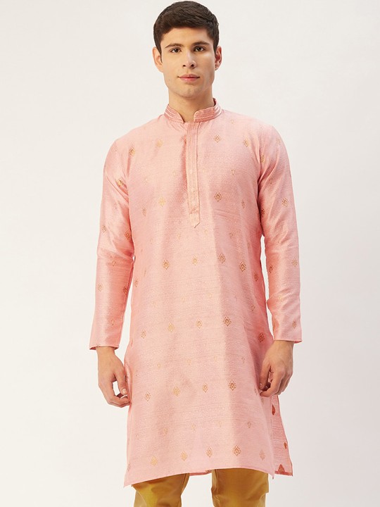 Jompers - Men Pink Embroidered Woven Design Kurta