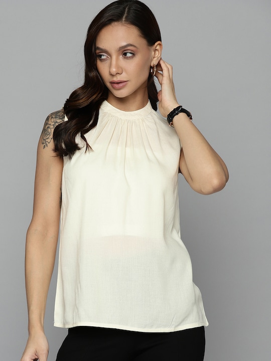 Chemistry - Women Off-White Gathered Round Neck Sleeveless Top